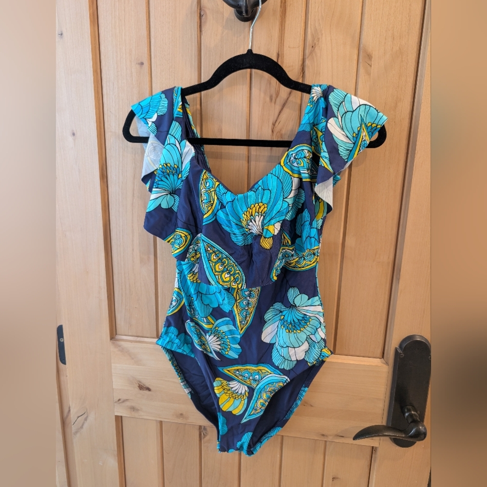 Trina Turk Women's Pirouette Off-The-Shoulder Ruffle One Piece Swimsuit Size 8